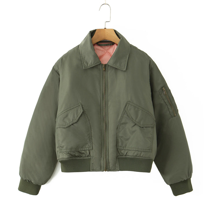 Damen modische Bomberjacke mit doppelten Taschen und weichem Futter Drune