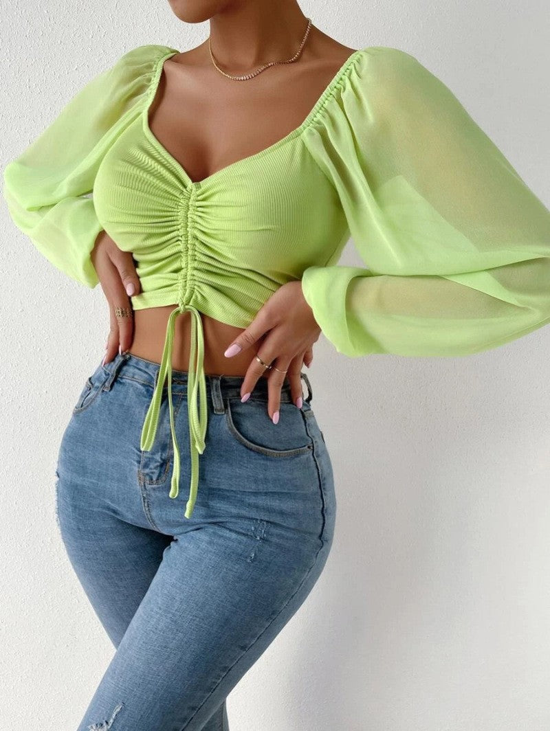 Damen Crop-Top mit strukturiertem Körper und eleganten Puffärmeln Drune