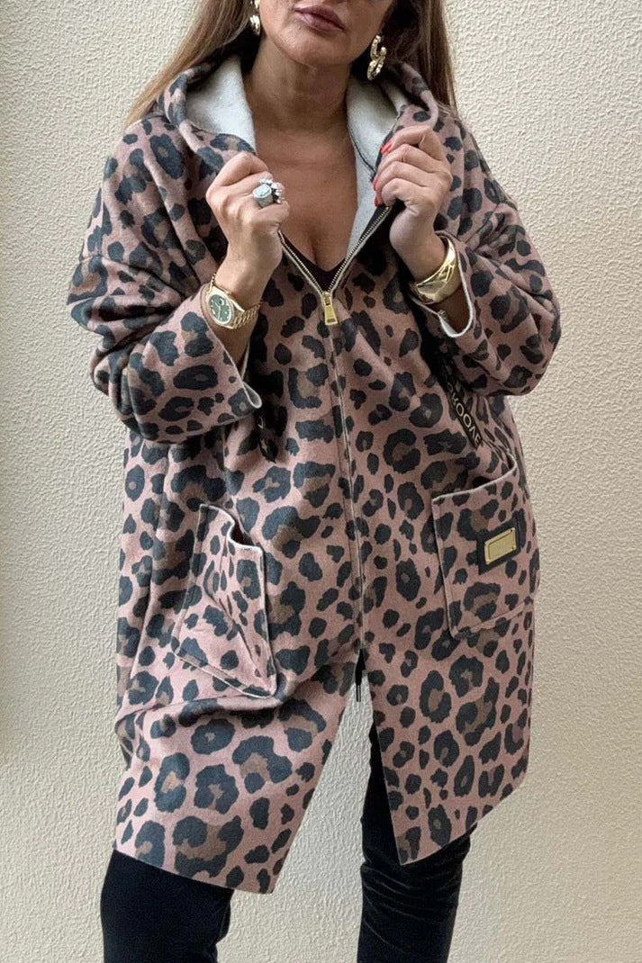 Damen Kapuzenjacke mit modischem Leopardenmuster und praktischen Taschen Drune