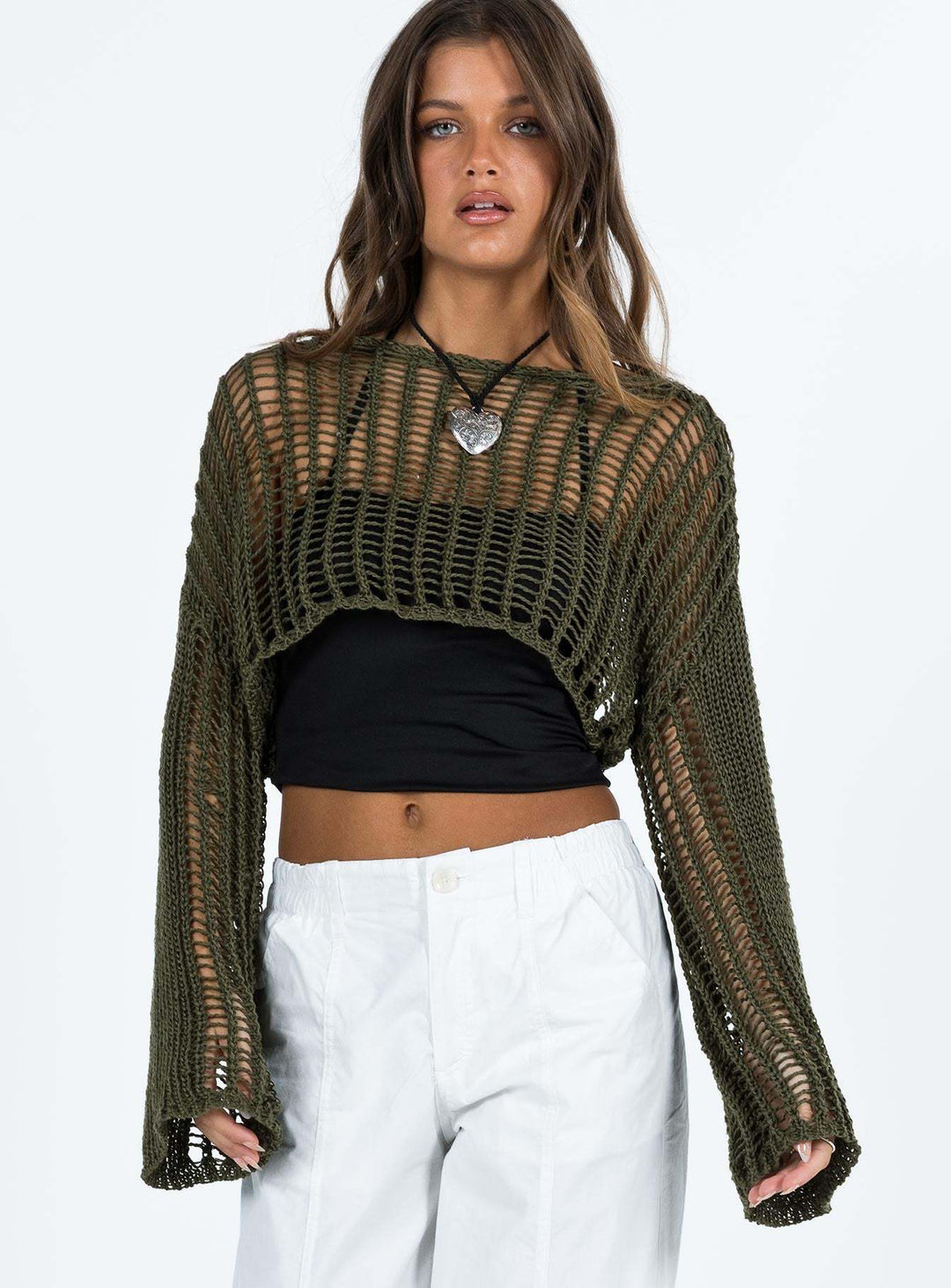 Damen luftige gehäkelte Strickjacke mit weiten Ärmeln Drune