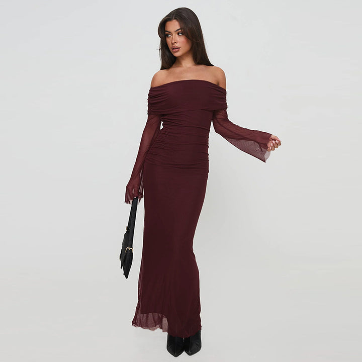 Damen Off-Shoulder Abendkleid mit gerafftem Design und langen Ärmeln Drune