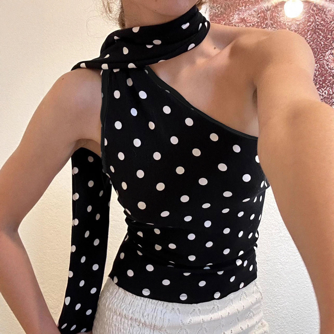 Damen asymmetrisches Oberteil mit Rüschendetails und Polka-Dot-Muster Drune