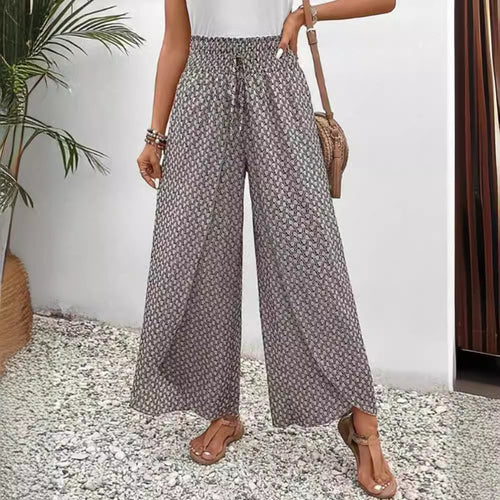 Damen nan weite Sommer-Palazzohose mit gerafftem Komfortbund, fließender Beinweite und geometrischem Allovermuster Drune