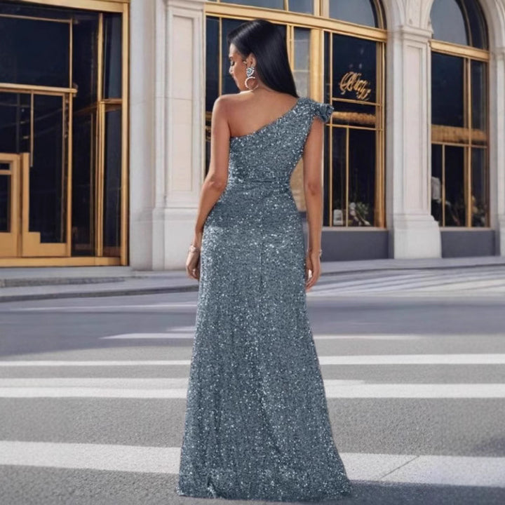 Damen Glamouröses Maxikleid mit schulterfreiem Design und funkelnden Pailletten Drune