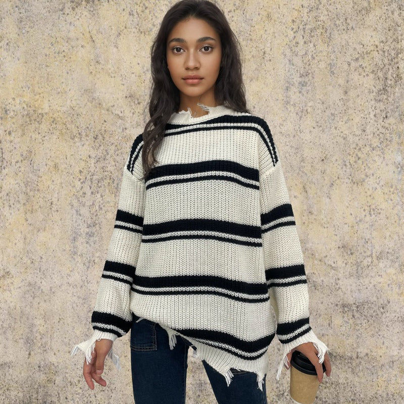 Damen Oversized Strickpullover mit trendigem Streifenmuster und Fransendetails Drune
