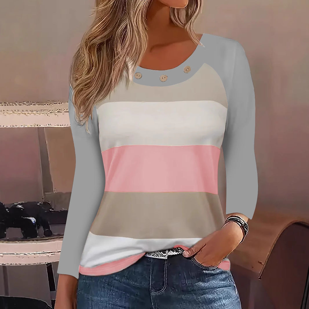 Damen Langarm T-Shirt mit modischem Streifenmuster und dekorativen Knöpfen Drune
