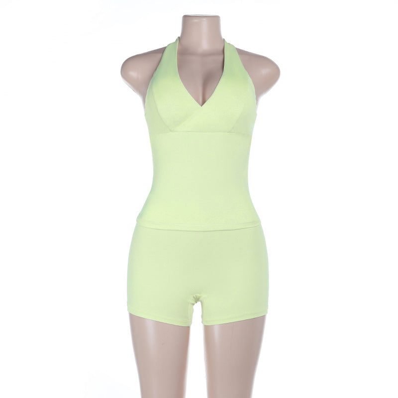Damen sportlicher Einteiler mit tiefem V-Ausschnitt und schulterfreiem Design Drune