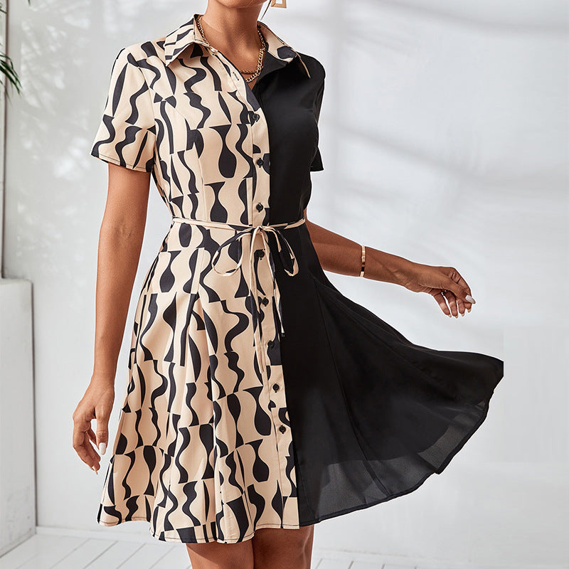 Damen modisches Hemdkleid mit grafischem Design und Taillengürtel Drune