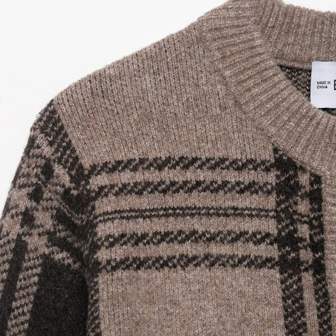 Damen modische Strickjacke mit Karomuster und Knopfleiste Drune