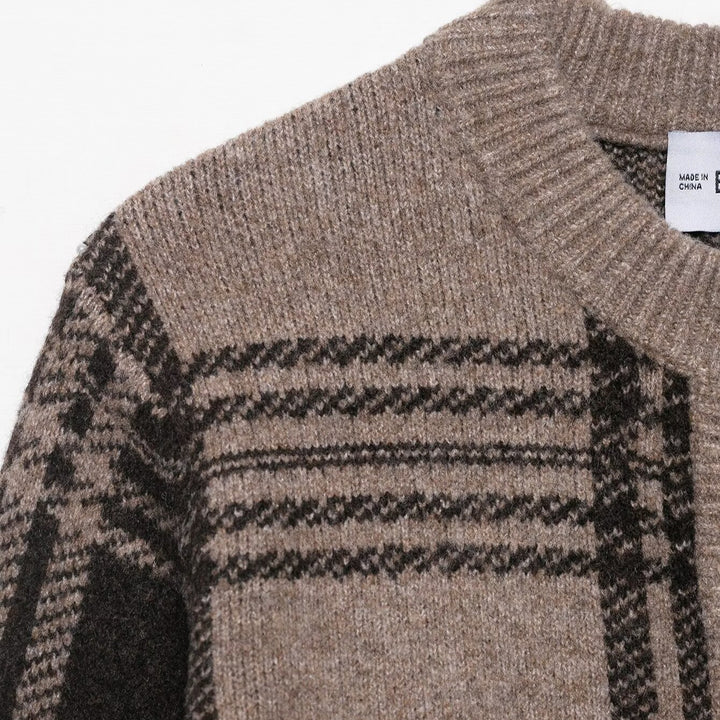 Damen modische Strickjacke mit Karomuster und Knopfleiste Drune