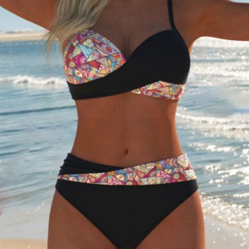 Damen Bandeau-Bikini mit hoch taillierten Höschen und lebhaftem Paisleymuster Drune