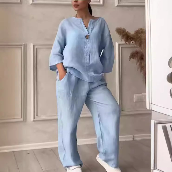 Damen nan lässiges Leinen-Relax-Set mit weiter Hose und Hemdbluse Drune
