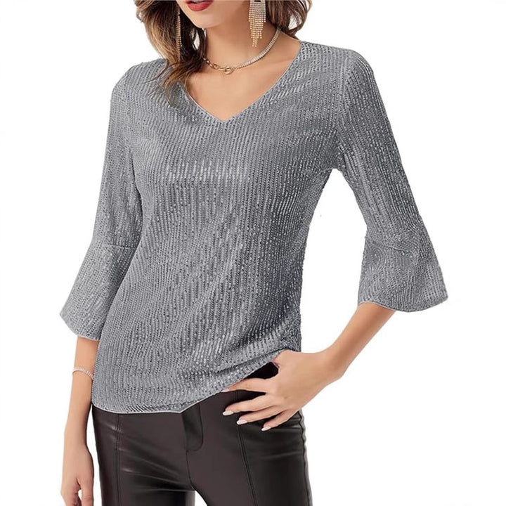 Damen Glamouröses Strickoberteil mit V-Ausschnitt und funkelnden Akzenten Drune