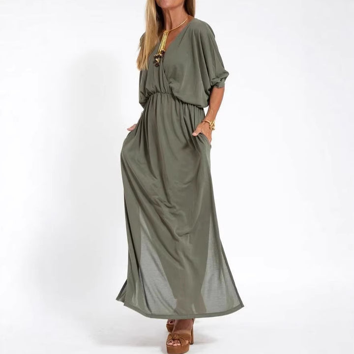 Damen elegantes Maxikleid mit seitlichem Schlitz und flexiblem Taillenbund Drune