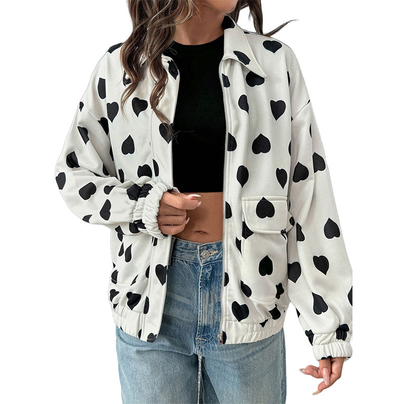 Damen lässige Jacke mit Herzmuster und praktischen Taschen Drune