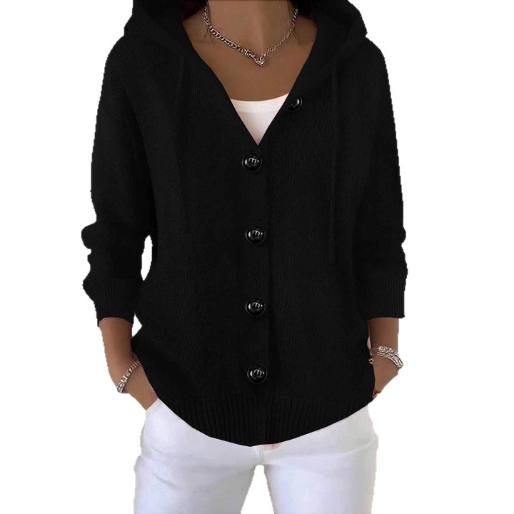 Damen lässige Strickjacke mit Kapuze und großen Knöpfen Drune