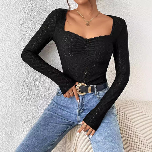 Damen Langarm Bodysuit mit quadratischem Ausschnitt und raffinierten Rüschen Drune