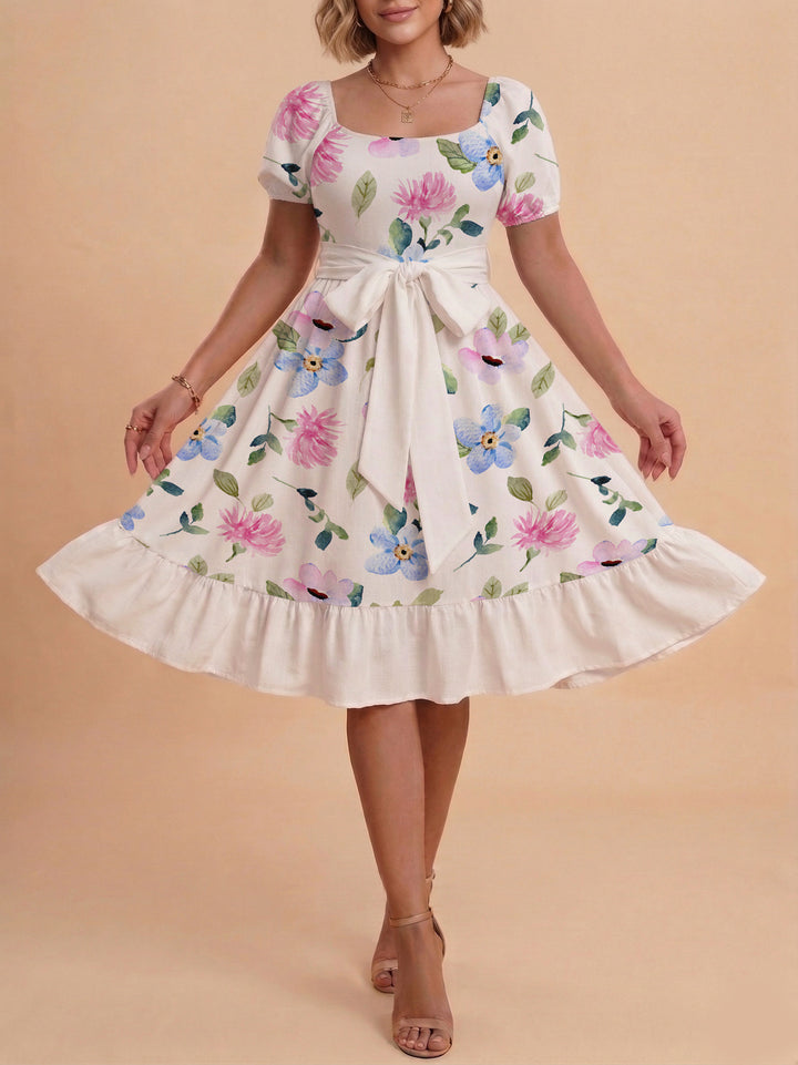 Damen A-Linien-Kleid mit floralen Motiven und taillierbarem Gürtel Drune