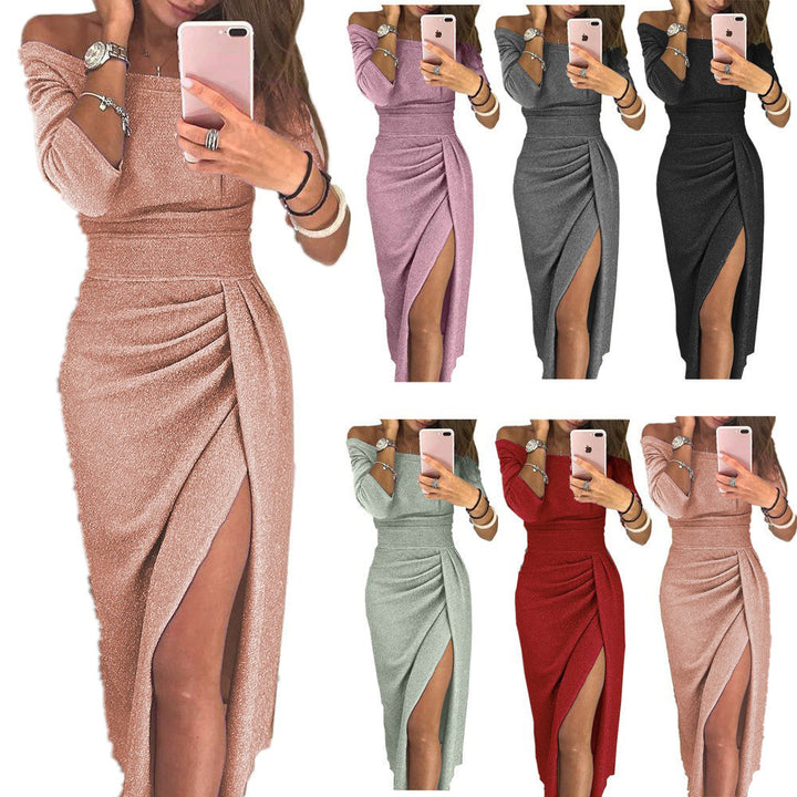 Damen Off-Shoulder Maxikleid mit Rüschendetails und hohem Schlitz Drune