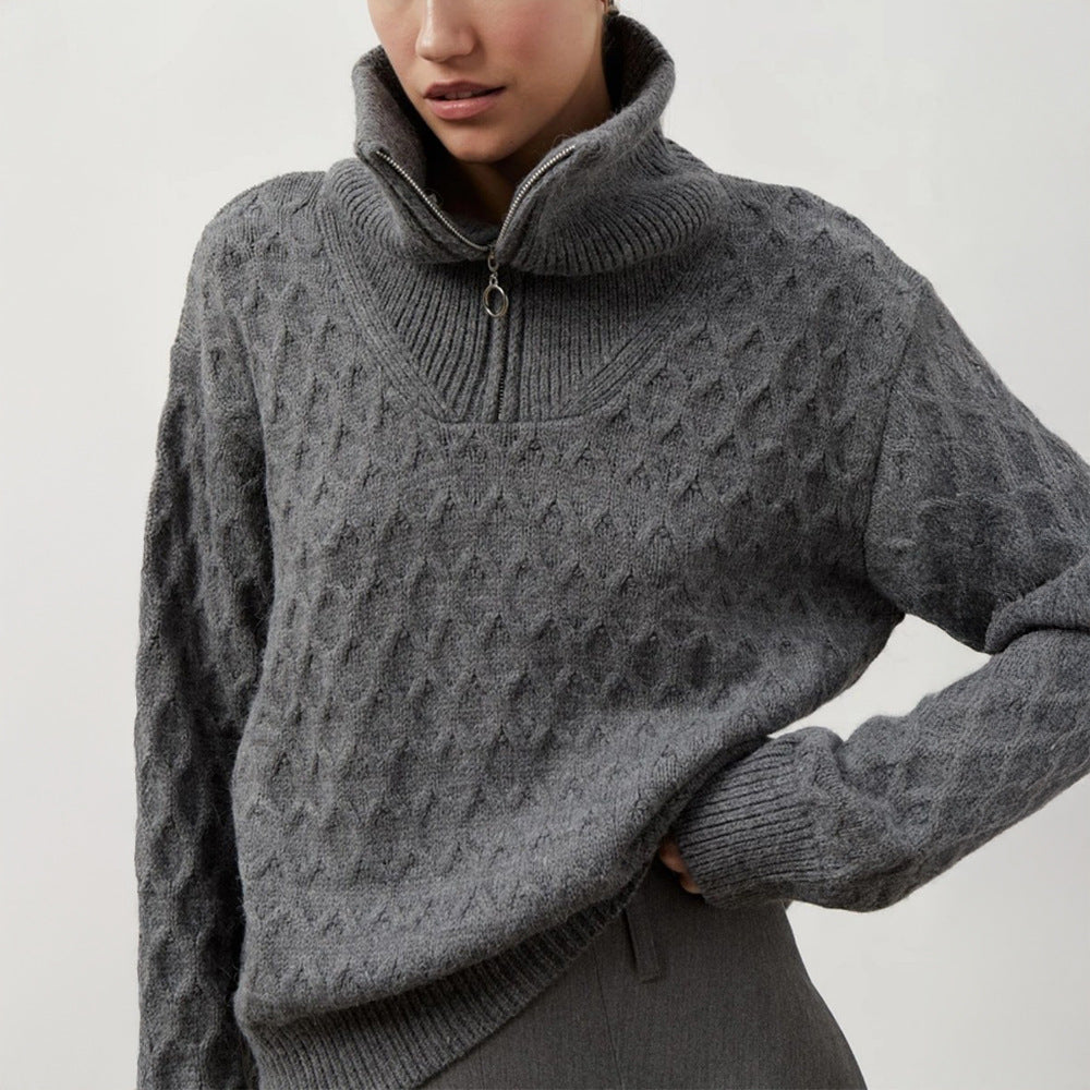 Damen Gemusterter Pullover mit hohem Kragen und Reißverschluss Drune