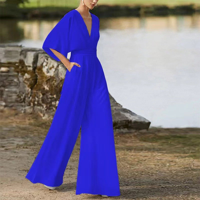 Damen Jumpsuit mit tiefem V-Ausschnitt und weit geschnittenen Beinen Drune