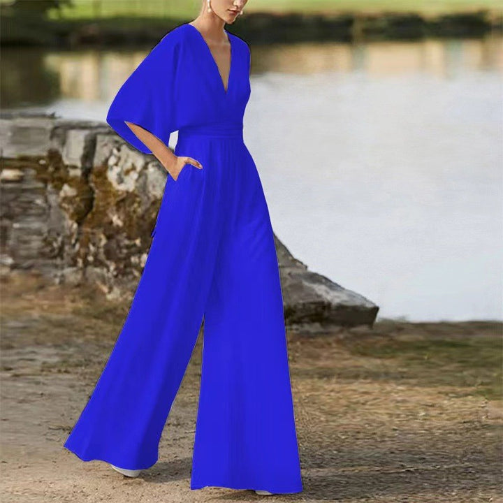 Damen Jumpsuit mit tiefem V-Ausschnitt und weit geschnittenen Beinen Drune