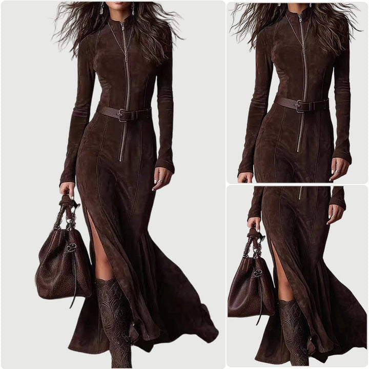 Damen Langarm Kleid mit Reißverschluss und seitlichen Schlitzen Drune