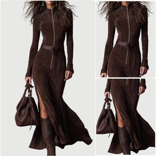 Damen Langarm Kleid mit Reißverschluss und seitlichen Schlitzen Drune