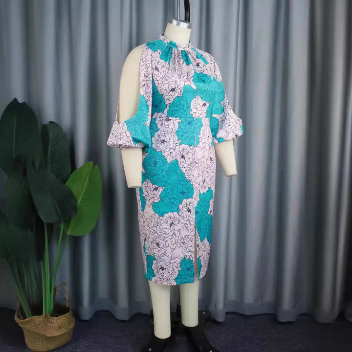 Damen elegantes Wickelkleid mit floralem Muster und modischen Cut-Out-Ärmeln Drune