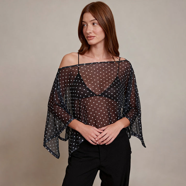 Damen transparentes Oberteil mit asymmetrischem Schnitt und Polka-Dots Drune