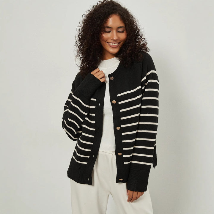 Damen Strickjacke mit gestreiftem Muster und eleganten Knopfdetails Drune