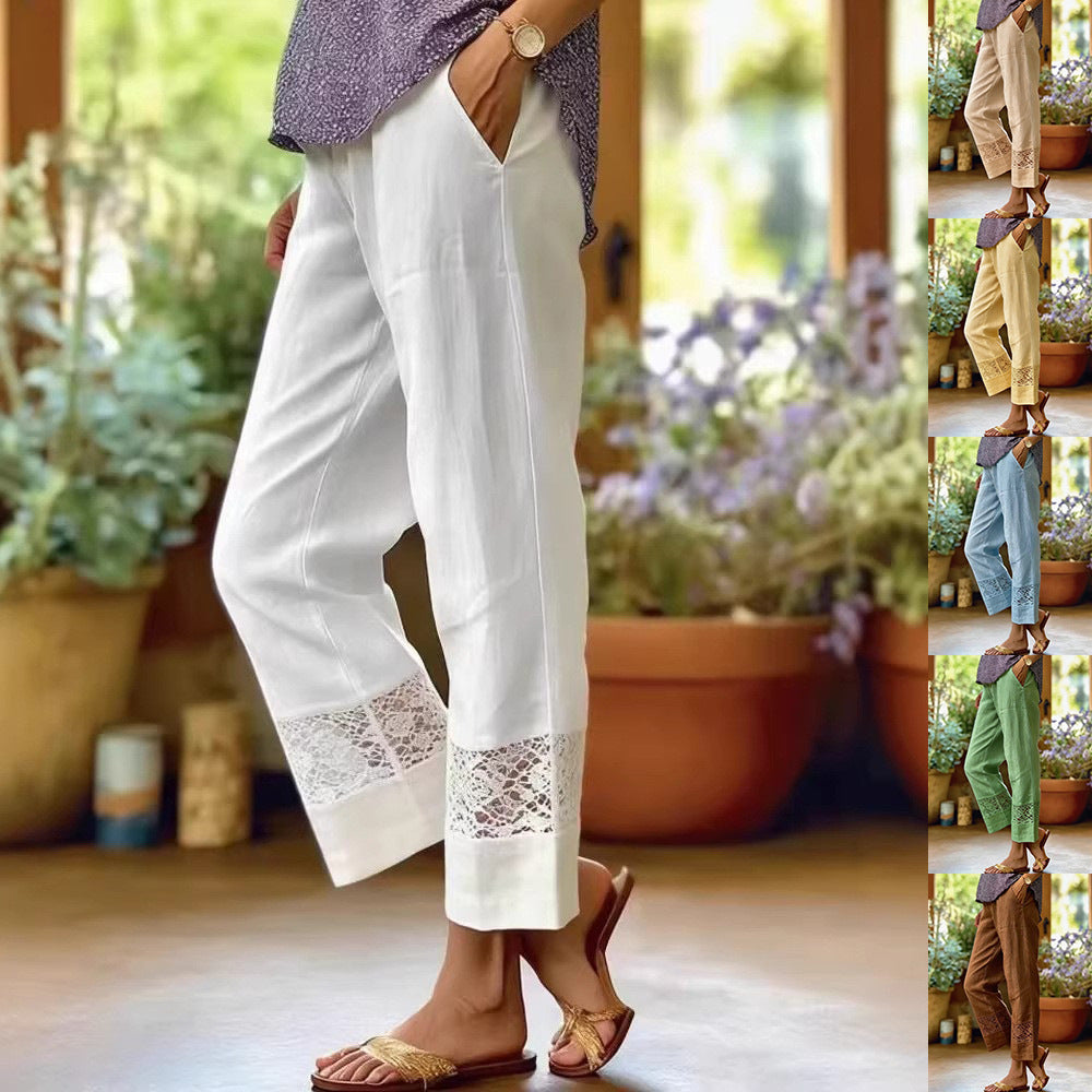 Damen Elegante Leinenhose mit Spitzenakzenten Drune