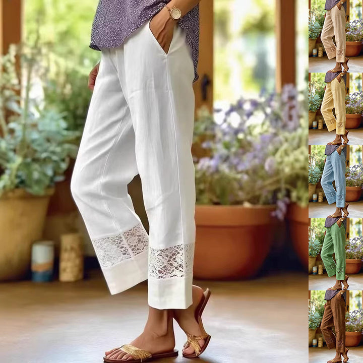 Damen Elegante Leinenhose mit Spitzenakzenten Drune