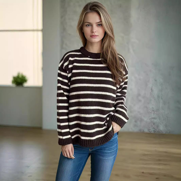 Damen lässiger Strickpullover mit breiten Streifen und lockerer Passform Drune