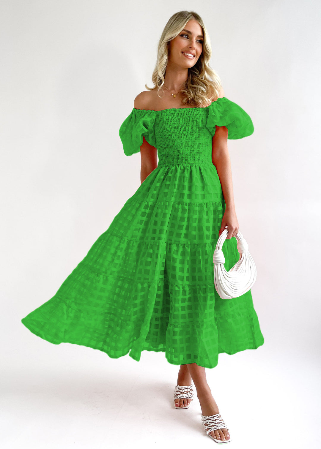 Damen Luftiges Maxikleid mit schwingendem Rock und voluminösen Puffärmeln Drune