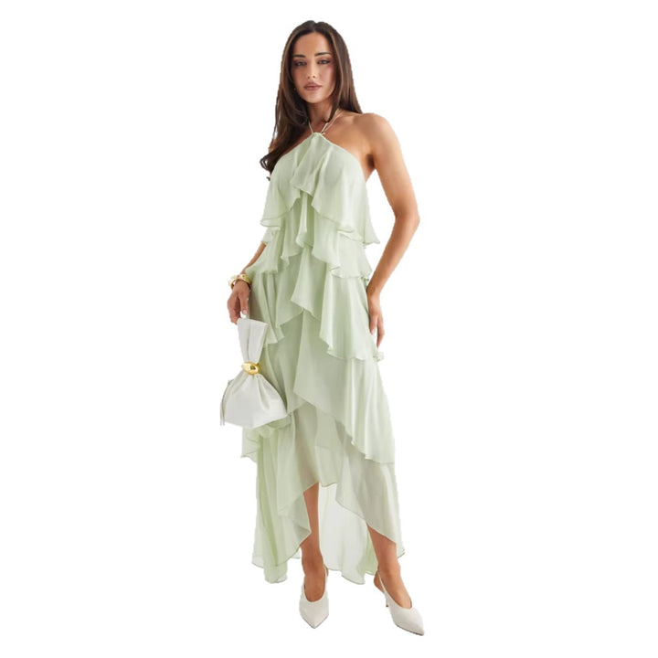 Damen Luftiges Chiffon-Maxikleid mit Rüschendetails und elegantem Halterneck Drune