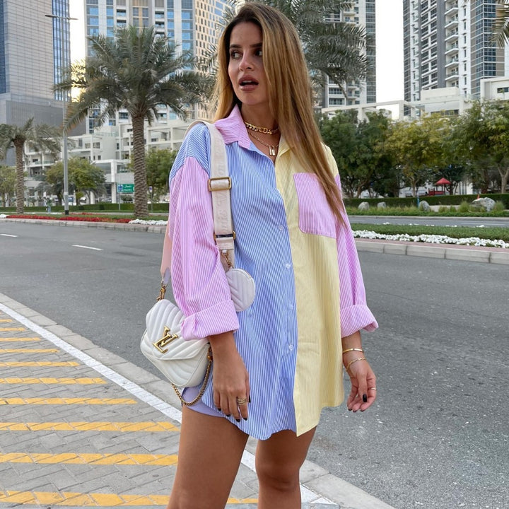 Damen nan oversized Hemdbluse mit Blockstreifen und Brusttasche Drune