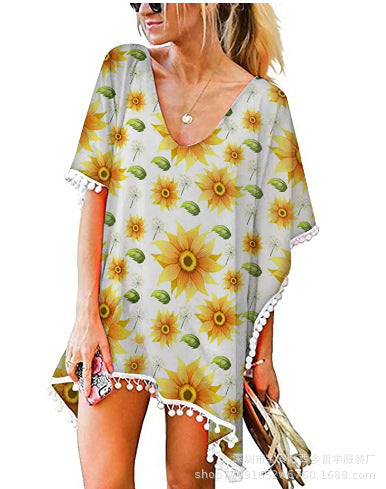 Damen Strandtunika mit floralem Design und Poncho-Art Drune