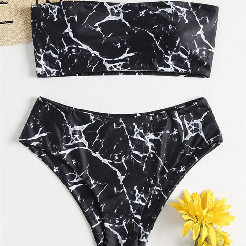 Damen Bandeau-Bikini mit elegantem Marmormuster Drune
