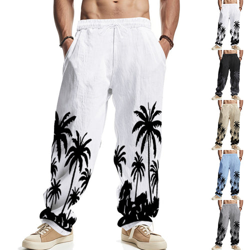 Herren nan weite Freizeit-Hose aus Baumwoll-Leinen-Mix mit Palmenprint, Elastikbund und Kordelzug Drune