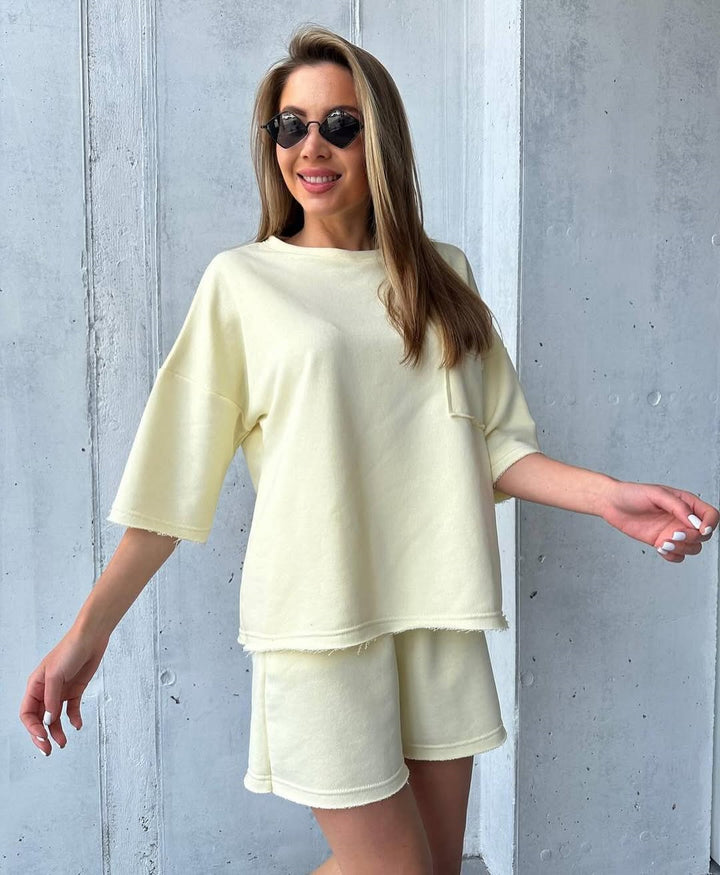 Damen lässiges Lounge-Set aus atmungsaktivem Material mit oversized T-Shirt und Shorts Drune