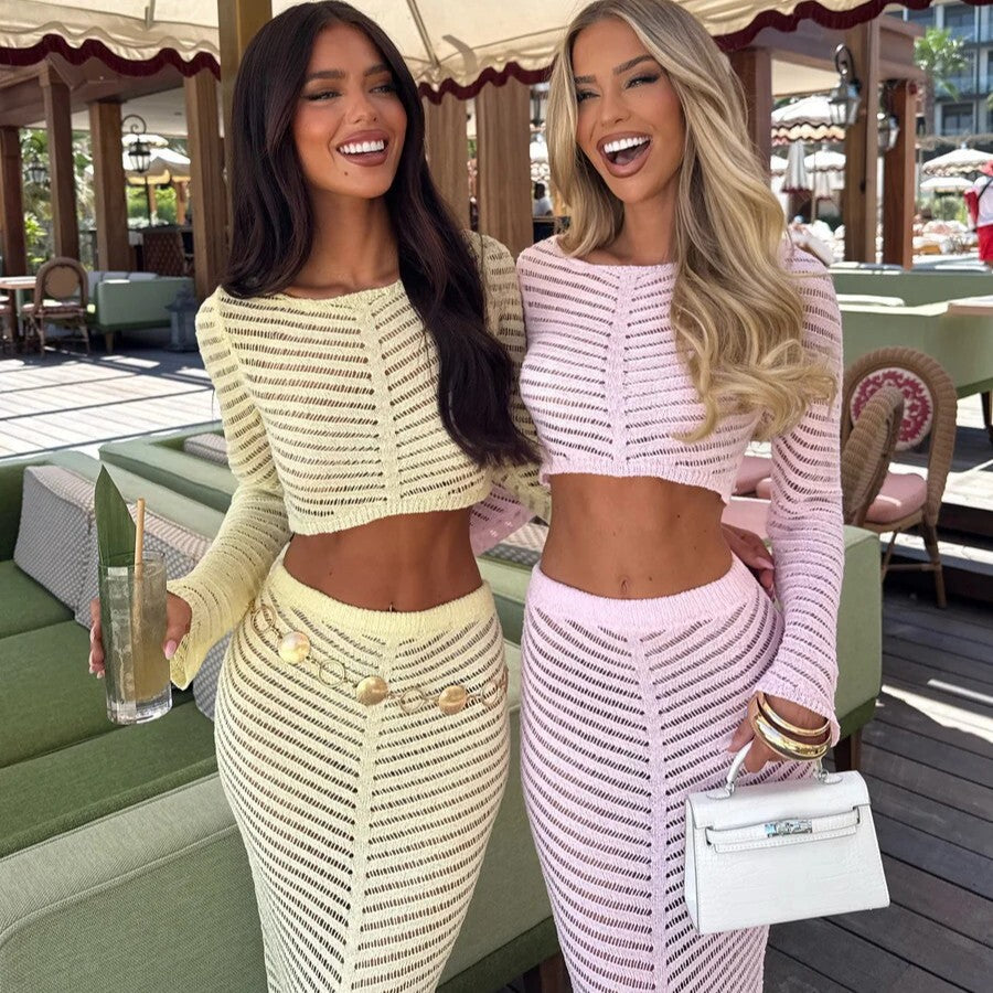 Damen elegantes gehäkeltes Set mit langärmligem Crop-Top und figurbetonendem Rock Drune