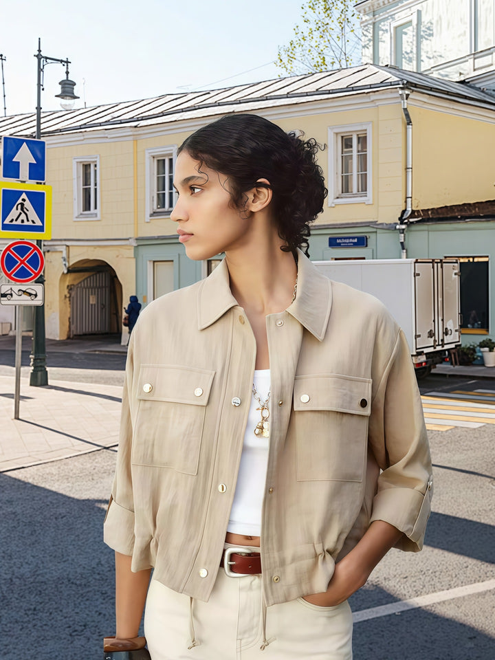 Damen lockere Utility-Jacke mit Taschen Drune