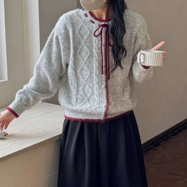 Damen lässige Strickjacke mit Zopf-Design und Schleifenverschluss Drune
