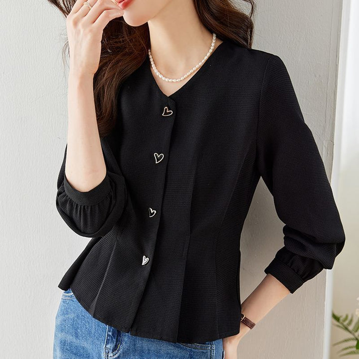 Damen elegante Bluse mit herzförmigen Knopfdetails und voluminösen Ärmeln Drune