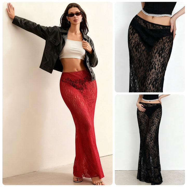 Damen Ansprechender Spitzenrock mit hohem Schlitz und elegantem Taillierungsdesign Drune