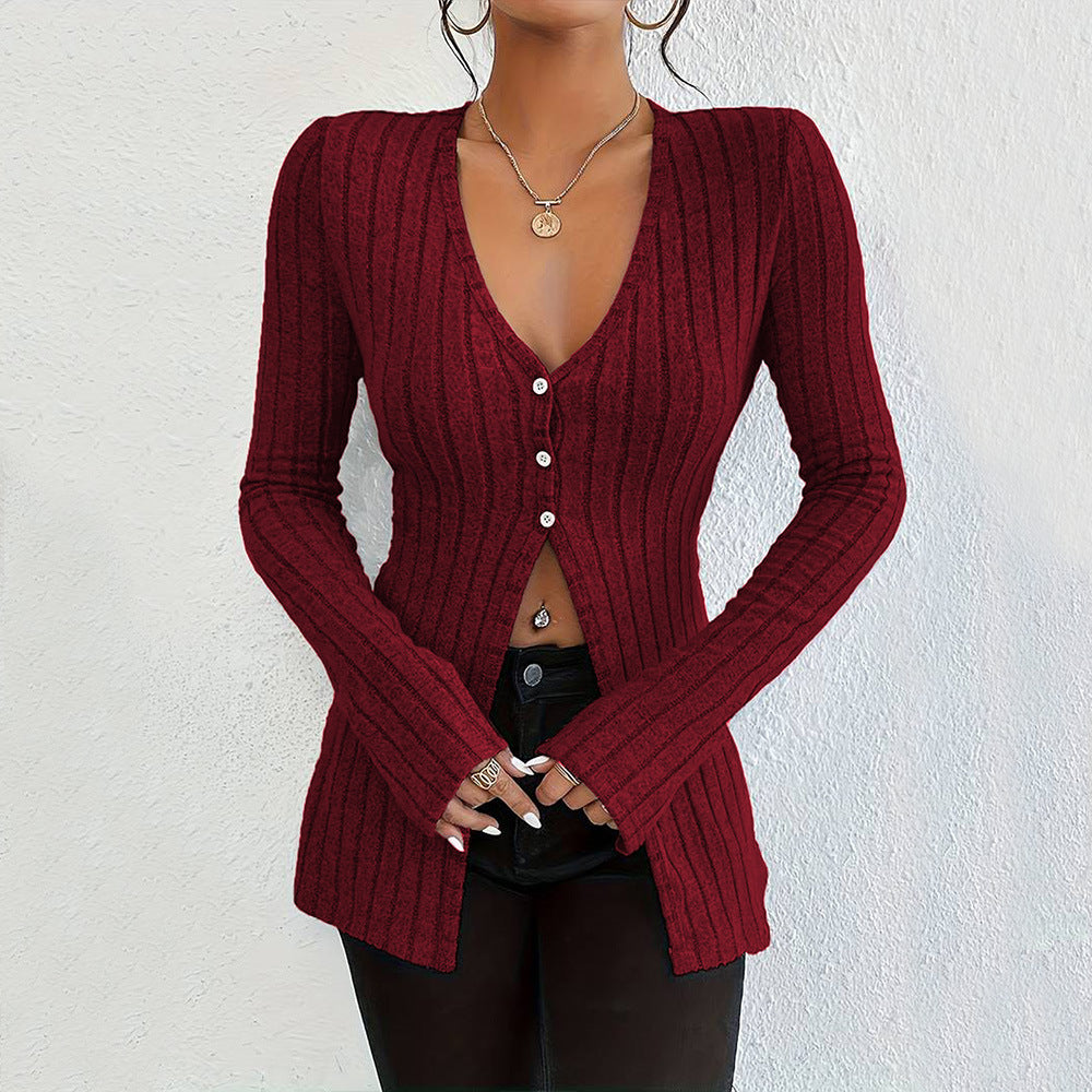 Damen Langarm Cardigan mit feiner Rippstruktur und eleganten Knopfdetails Drune