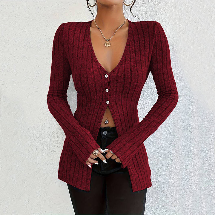 Damen Langarm Cardigan mit feiner Rippstruktur und eleganten Knopfdetails Drune