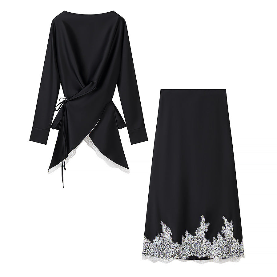 Damen elegante Wickelbluse mit Spitzenbesatz und passendem Rock Drune