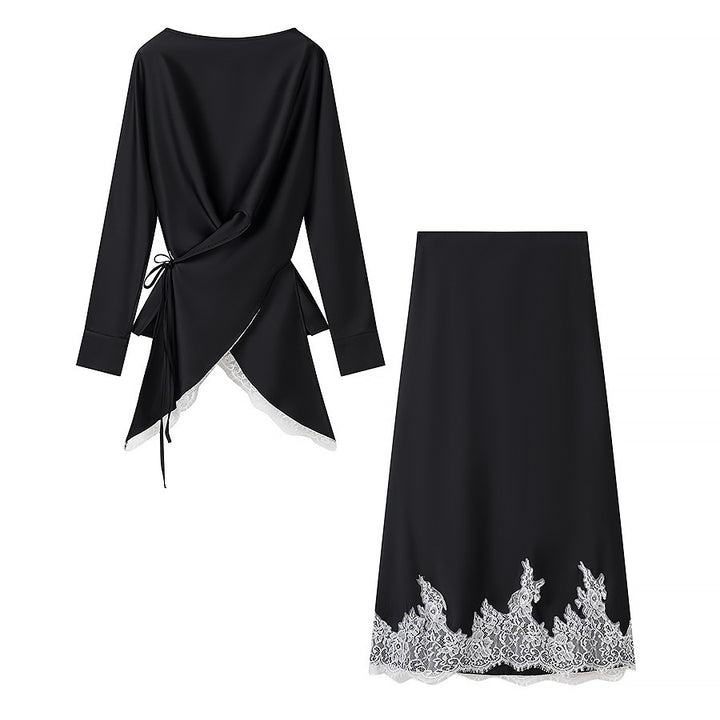 Damen elegante Wickelbluse mit Spitzenbesatz und passendem Rock Drune